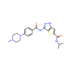 CC(C)NC(=O)c1cc2[nH]nc(NC(=O)c3ccc(N4CCN(C)CC4)cc3)c2s1 ZINC000036473581