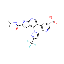 CC(C)NC(=O)c1cc2c(-n3ccc(C(F)(F)F)n3)c(-c3cncc(C(=O)O)c3)cnc2[nH]1 ZINC000084688500