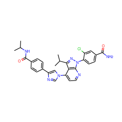 CC(C)NC(=O)c1ccc(-c2cn(-c3ccnc4c3c(C(C)C)nn4-c3ccc(C(N)=O)cc3Cl)cn2)cc1 ZINC000169703555