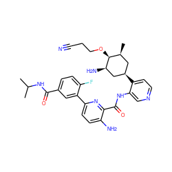 CC(C)NC(=O)c1ccc(F)c(-c2ccc(N)c(C(=O)Nc3cnccc3[C@@H]3C[C@H](C)[C@H](OCCC#N)[C@H](N)C3)n2)c1 ZINC000261120620