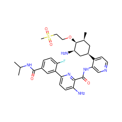 CC(C)NC(=O)c1ccc(F)c(-c2ccc(N)c(C(=O)Nc3cnccc3[C@@H]3C[C@H](C)[C@H](OCCS(C)(=O)=O)[C@H](N)C3)n2)c1 ZINC000261184012