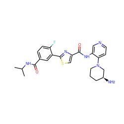 CC(C)NC(=O)c1ccc(F)c(-c2nc(C(=O)Nc3cnccc3N3CCC[C@H](N)C3)cs2)c1 ZINC000169706523