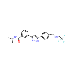 CC(C)NC(=O)c1cccc(-c2cc(-c3ccc(CNCC(F)(F)F)cc3)[nH]n2)c1 ZINC000066065870