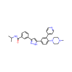 CC(C)NC(=O)c1cccc(-c2cc(-c3ccc(N4CCN(C)CC4)c(-c4ccncc4)c3)[nH]n2)c1 ZINC000066076728