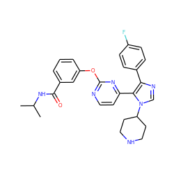 CC(C)NC(=O)c1cccc(Oc2nccc(-c3c(-c4ccc(F)cc4)ncn3C3CCNCC3)n2)c1 ZINC000036127115