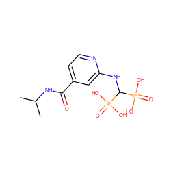 CC(C)NC(=O)c1ccnc(NC(P(=O)(O)O)P(=O)(O)O)c1 ZINC000084739507