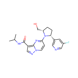 CC(C)NC(=O)c1cnn2ccc(N3[C@H](CO)CC[C@@H]3c3cncc(F)c3)nc12 ZINC000169704279