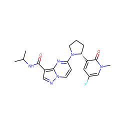 CC(C)NC(=O)c1cnn2ccc(N3CCC[C@@H]3c3cc(F)cn(C)c3=O)nc12 ZINC000169704289