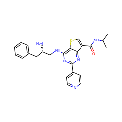 CC(C)NC(=O)c1csc2c(NC[C@@H](N)Cc3ccccc3)nc(-c3ccncc3)nc12 ZINC000223690531