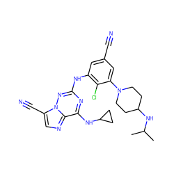 CC(C)NC1CCN(c2cc(C#N)cc(Nc3nc(NC4CC4)c4ncc(C#N)n4n3)c2Cl)CC1 ZINC000169711903