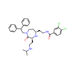 CC(C)NCC[C@@H]1N[C@H](CCNC(=O)c2ccc(Cl)c(Cl)c2)CCN(CC(c2ccccc2)c2ccccc2)C1=O ZINC000118693903