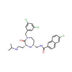 CC(C)NCC[C@H]1N[C@@H](CNC(=O)c2ccc3cc(Cl)ccc3c2)CCN(Cc2cc(Cl)cc(Cl)c2)C1=O ZINC000206886474