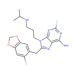 CC(C)NCCCn1c(Cc2cc3c(cc2I)OCO3)nc2c(N)nc(F)nc21 ZINC000013679217