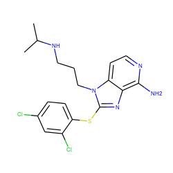 CC(C)NCCCn1c(Sc2ccc(Cl)cc2Cl)nc2c(N)nccc21 ZINC000299860030