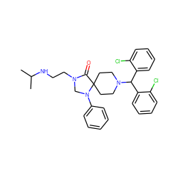 CC(C)NCCN1CN(c2ccccc2)C2(CCN(C(c3ccccc3Cl)c3ccccc3Cl)CC2)C1=O ZINC000042876796