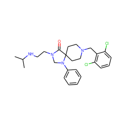 CC(C)NCCN1CN(c2ccccc2)C2(CCN(Cc3c(Cl)cccc3Cl)CC2)C1=O ZINC000040404549