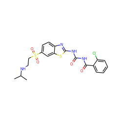 CC(C)NCCS(=O)(=O)c1ccc2nc(NC(=O)NC(=O)c3ccccc3Cl)sc2c1 ZINC000059258867