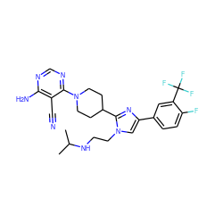 CC(C)NCCn1cc(-c2ccc(F)c(C(F)(F)F)c2)nc1C1CCN(c2ncnc(N)c2C#N)CC1 ZINC000218712058