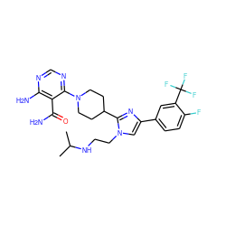 CC(C)NCCn1cc(-c2ccc(F)c(C(F)(F)F)c2)nc1C1CCN(c2ncnc(N)c2C(N)=O)CC1 ZINC000206948682