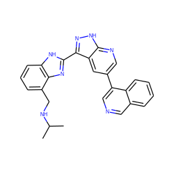 CC(C)NCc1cccc2[nH]c(-c3n[nH]c4ncc(-c5cncc6ccccc56)cc34)nc12 ZINC000028950071