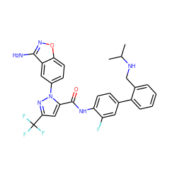 CC(C)NCc1ccccc1-c1ccc(NC(=O)c2cc(C(F)(F)F)nn2-c2ccc3onc(N)c3c2)c(F)c1 ZINC000014951119