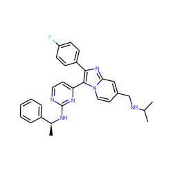 CC(C)NCc1ccn2c(-c3ccnc(N[C@@H](C)c4ccccc4)n3)c(-c3ccc(F)cc3)nc2c1 ZINC000028822143