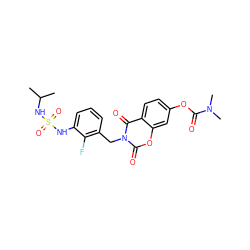 CC(C)NS(=O)(=O)Nc1cccc(Cn2c(=O)oc3cc(OC(=O)N(C)C)ccc3c2=O)c1F ZINC000653869512