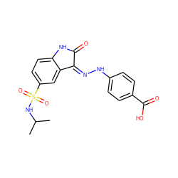 CC(C)NS(=O)(=O)c1ccc2c(c1)/C(=N/Nc1ccc(C(=O)O)cc1)C(=O)N2 ZINC000040975291