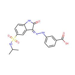 CC(C)NS(=O)(=O)c1ccc2c(c1)/C(=N/Nc1cccc(C(=O)O)c1)C(=O)N2 ZINC000040975289