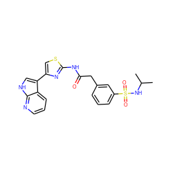 CC(C)NS(=O)(=O)c1cccc(CC(=O)Nc2nc(-c3c[nH]c4ncccc34)cs2)c1 ZINC000138103203