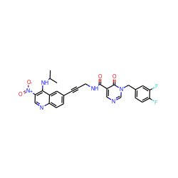 CC(C)Nc1c([N+](=O)[O-])cnc2ccc(C#CCNC(=O)c3cncn(Cc4ccc(F)c(F)c4)c3=O)cc12 ZINC000096176257