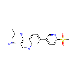 CC(C)Nc1c(C#N)cnc2cc(-c3ccc(S(C)(=O)=O)nc3)ccc12 ZINC000095603558