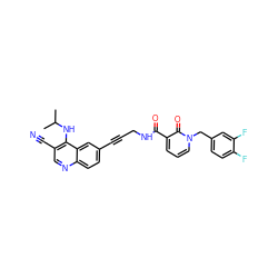 CC(C)Nc1c(C#N)cnc2ccc(C#CCNC(=O)c3cccn(Cc4ccc(F)c(F)c4)c3=O)cc12 ZINC000096176358