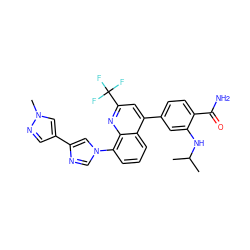 CC(C)Nc1cc(-c2cc(C(F)(F)F)nc3c(-n4cnc(-c5cnn(C)c5)c4)cccc23)ccc1C(N)=O ZINC000146489746