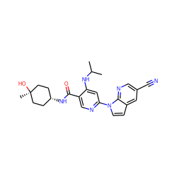 CC(C)Nc1cc(-n2ccc3cc(C#N)cnc32)ncc1C(=O)N[C@H]1CC[C@](C)(O)CC1 ZINC001772600591