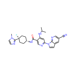 CC(C)Nc1cc(-n2ccc3cc(C#N)cnc32)ncc1C(=O)N[C@H]1CC[C@](F)(c2nccn2C)CC1 ZINC001772635112