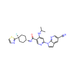 CC(C)Nc1cc(-n2ccc3cc(C#N)cnc32)ncc1C(=O)N[C@H]1CC[C@](F)(c2nccs2)CC1 ZINC001772625746