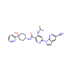 CC(C)Nc1cc(-n2ccc3cc(C#N)cnc32)ncc1C(=O)N[C@H]1CC[C@](O)(c2ccccn2)CC1 ZINC001772639789