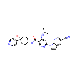 CC(C)Nc1cc(-n2ccc3cc(C#N)cnc32)ncc1C(=O)N[C@H]1CC[C@](O)(c2ccncc2)CC1 ZINC001772616063