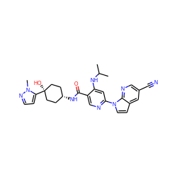 CC(C)Nc1cc(-n2ccc3cc(C#N)cnc32)ncc1C(=O)N[C@H]1CC[C@](O)(c2ccnn2C)CC1 ZINC001772654610