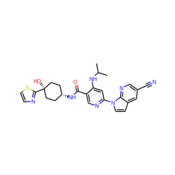 CC(C)Nc1cc(-n2ccc3cc(C#N)cnc32)ncc1C(=O)N[C@H]1CC[C@](O)(c2nccs2)CC1 ZINC001772618068