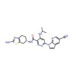 CC(C)Nc1cc(-n2ccc3cc(C#N)cnc32)ncc1C(=O)N[C@H]1CCc2nc(N)sc2C1 ZINC001772613768