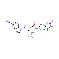 CC(C)Nc1cc(-n2ccc3cc(C#N)cnc32)ncc1C(=O)NC1CCC2(CC1)NC(=O)NC2=O ZINC001772655713