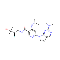 CC(C)Nc1cc(-n2ccc3cnc(N(C)C)nc32)ncc1C(=O)NC[C@@H](F)C(C)(C)O ZINC001772586706