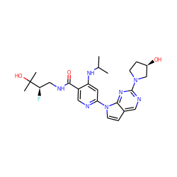 CC(C)Nc1cc(-n2ccc3cnc(N4CC[C@@H](O)C4)nc32)ncc1C(=O)NC[C@@H](F)C(C)(C)O ZINC001772582046