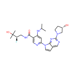 CC(C)Nc1cc(-n2ccc3cnc(N4CC[C@H](O)C4)nc32)ncc1C(=O)NC[C@@H](F)C(C)(C)O ZINC001772625956