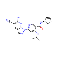 CC(C)Nc1cc(-n2ncc3cc(C#N)c(N)nc32)ncc1C(=O)N[C@H]1C=CCC1 ZINC001772582883