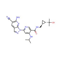 CC(C)Nc1cc(-n2ncc3cc(C#N)c(N)nc32)ncc1C(=O)NC[C@H]1C[C@@H]1C(C)(C)O ZINC001772649834