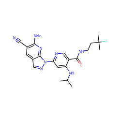 CC(C)Nc1cc(-n2ncc3cc(C#N)c(N)nc32)ncc1C(=O)NCCC(C)(C)F ZINC001772624529