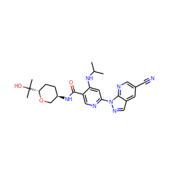 CC(C)Nc1cc(-n2ncc3cc(C#N)cnc32)ncc1C(=O)N[C@@H]1CC[C@@H](C(C)(C)O)OC1 ZINC001772588203